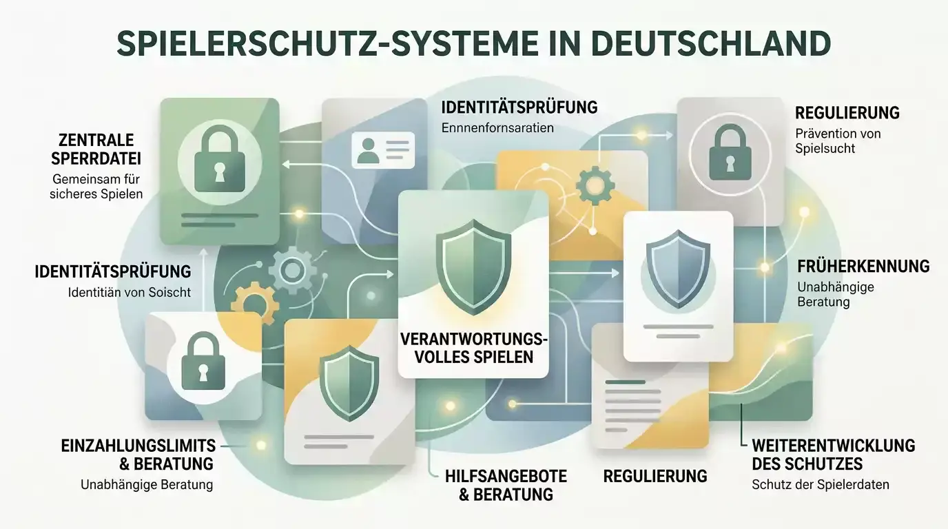 Übersicht zu OASIS, LUGAS, Einzahlungslimit und Panikbutton als Schutzsysteme